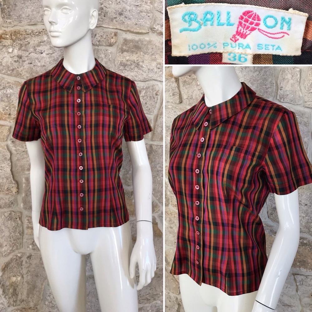 Vintage 1970s 80s Rare Balloon Brand Silk Blouse Short Sleeve Plaid Top